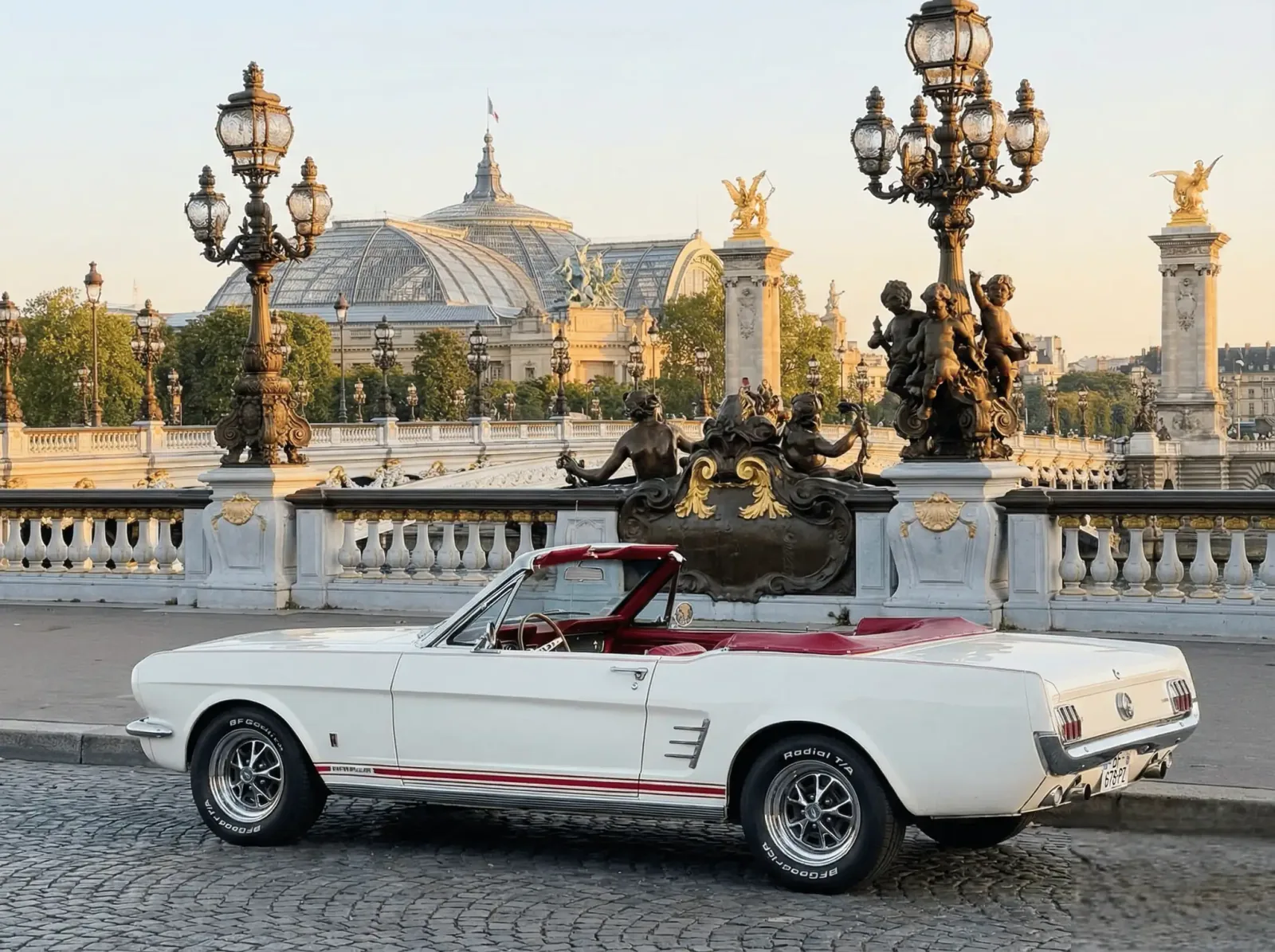 The 1966 Mustang beside Pont Alexandre III with the Grand Palais in warm evening light