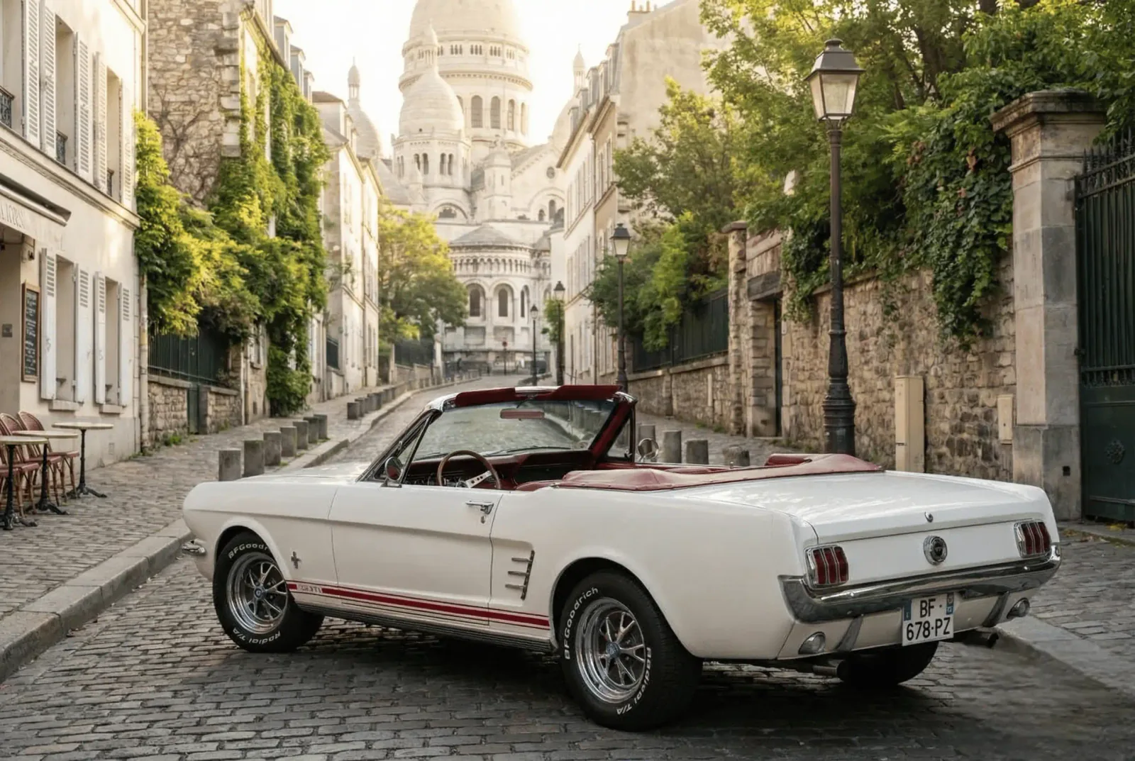 The ivory Mustang convertible on a cobbled Montmartre street with Sacré-Cœur in the background